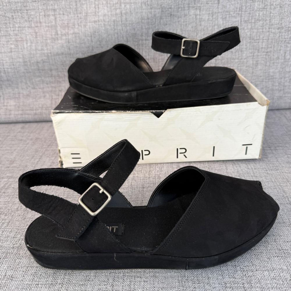 Vintage Esprit Ingrid 4634 Black Leather Platform Peep Toe Sandals Womens 8.5